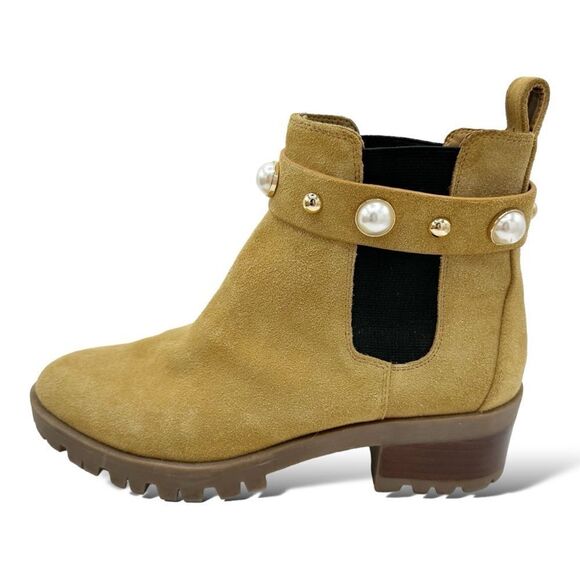 KARL LAGERFELD PARIS Tan Suede Pola Pearl Studded Chelsea Boots Lug Sole Sz 9M - Picture 1 of 14